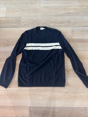 Faherty Navy Crewneck Sweater with Cream Double Stripe